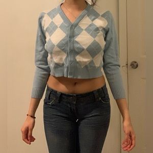 White and Blue Long Sleeved Plaid Crop Top